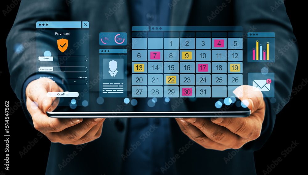 Poster Businessman holding tablet with floating digital calendar, payment form, and analytics interface on dark background with abstract light effects.