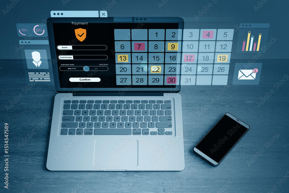 Poster laptop with online payment form and digital calendar interface on screen in futuristic blue light ba