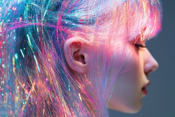 Digital data processing and connections represented through vibrant hair colors and glowing strands, digital data processing and network of connections