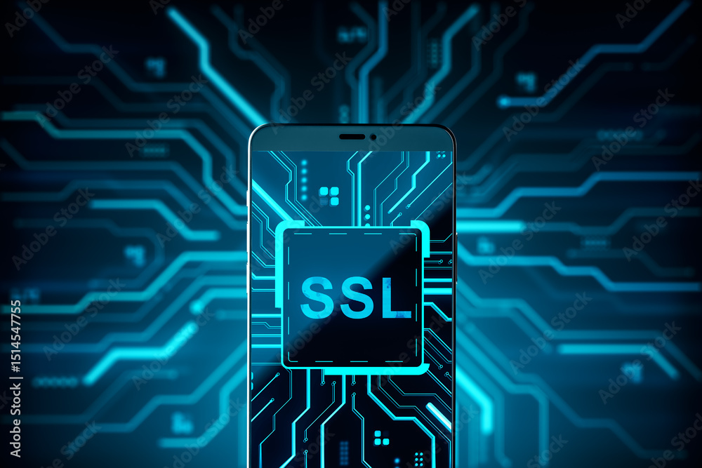 Aufkleber Smartphone displaying SSL security icon on screen with glowing blue circuit lines in abstract digital background, symbolizing online protection.. 3D Rendering