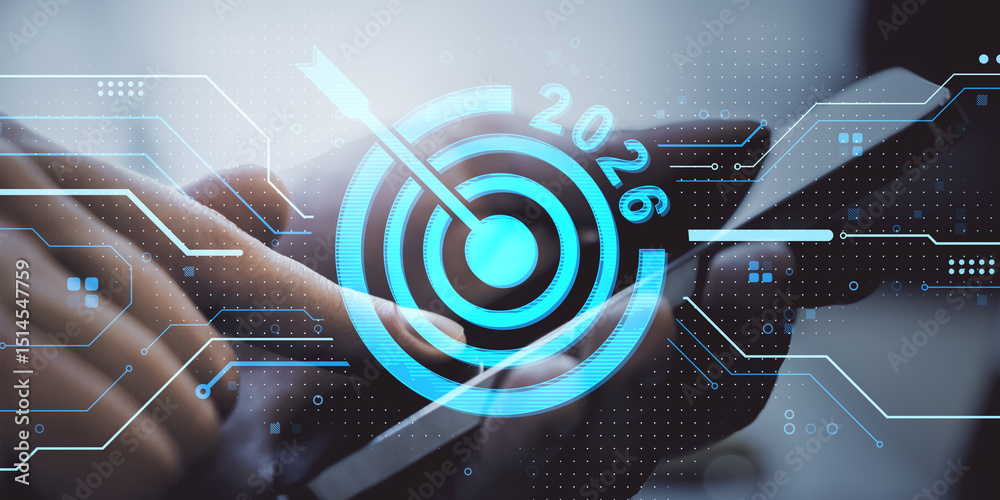 Poster Person using digital device with futuristic 2026 target interface and tech elements on a light background for creative innovation concept.