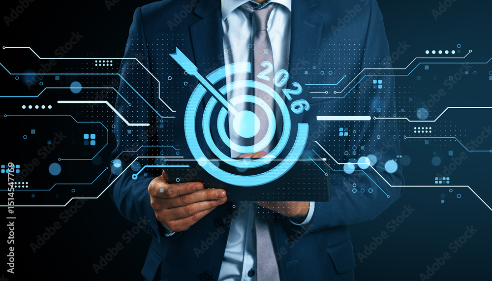 Poster Businessman holding tablet with digital target and 2026 goal projection on abstract futuristic tech background with glowing light effects.