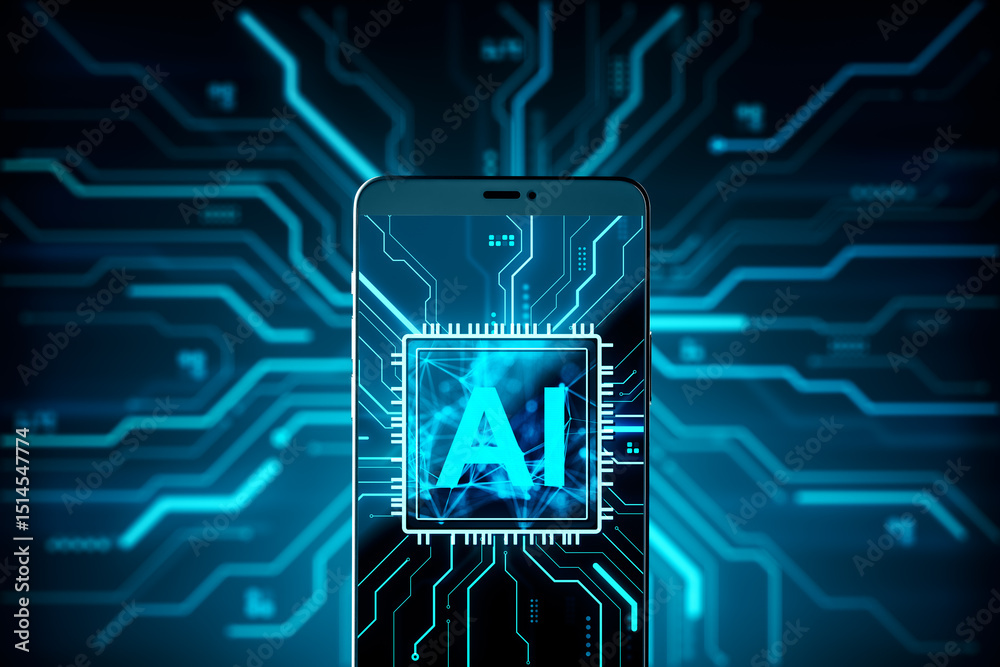 Leinwandbilder Smartphone screen with AI chip interface on glowing circuit board background representing artificial intelligence and machine learning concept. 3D Rendering
