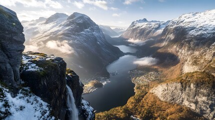 Majestic Fjord Aerial View: Snow-Capped Mountains, Autumnal Forest, Waterfall
