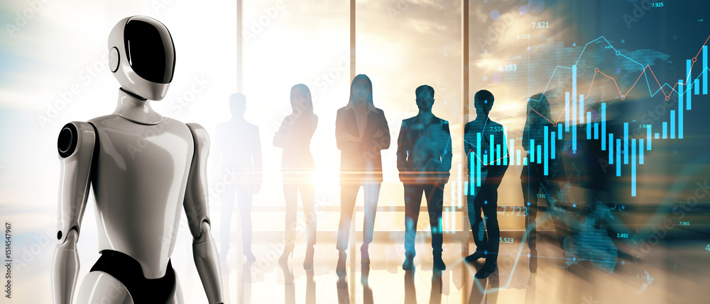 Aufkleber futuristic humanoid robot with business team and financial data charts in modern office environment 