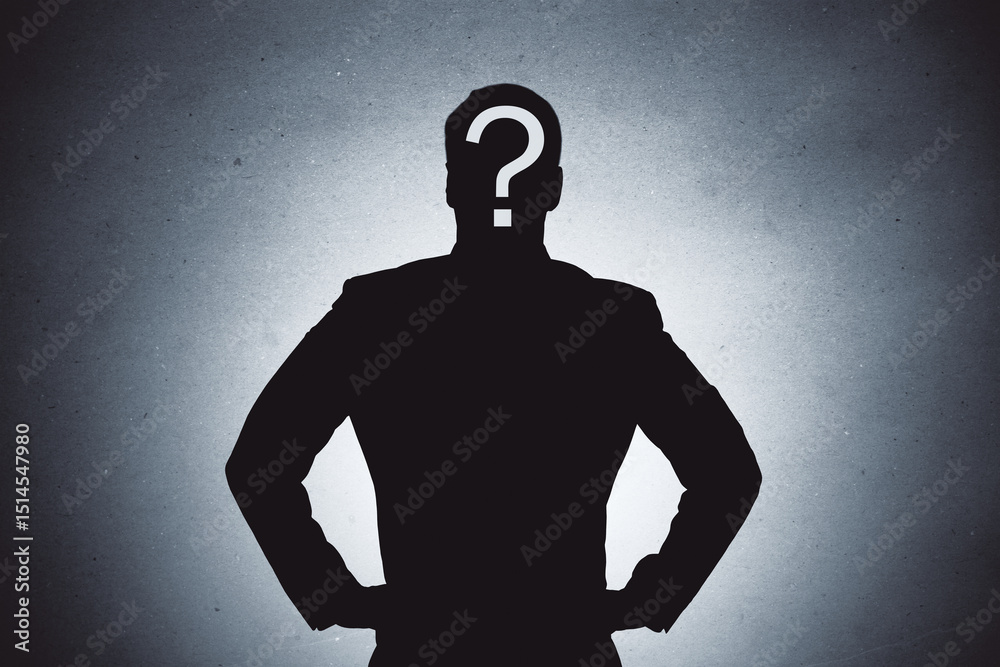 Poster silhouette of businessperson with question mark on face symbolizing identity mystery or unknown figu