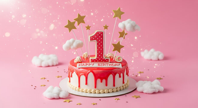Colorful birthday cake with number one and decorations on pink background for first birthday