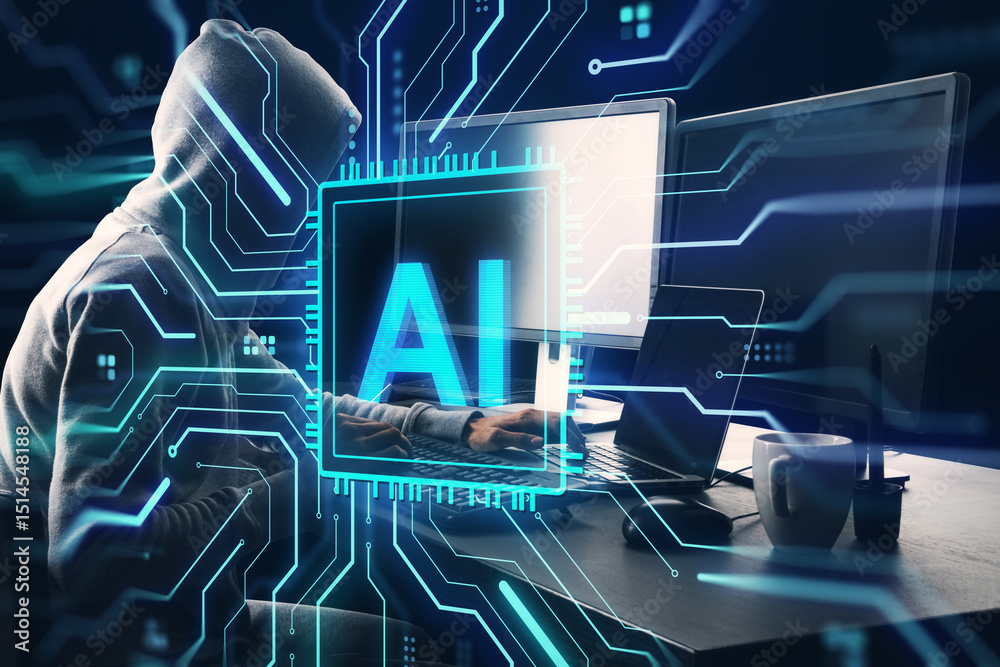 Poster Hacker using computer with AI interface overlay in dark room representing cybercrime and artificial intelligence threat concept in technology.