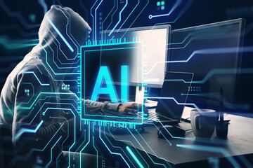 Hacker using computer with AI interface overlay in dark room representing cybercrime and artificial...