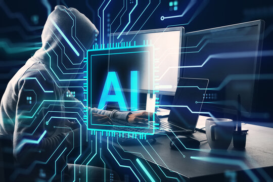 Hacker using computer with AI interface overlay in dark room representing cybercrime and artificial intelligence threat concept in technology. - Powered by Adobe