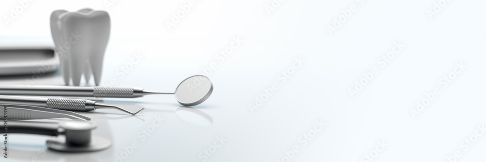 Aufkleber dental tools and tooth model on clean white background with copyspace for design template or medical