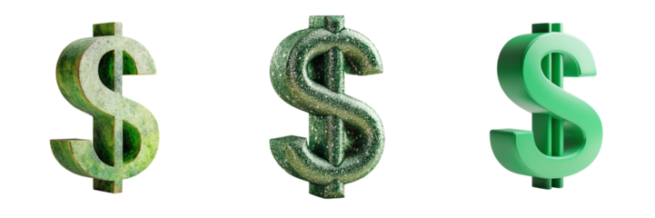 Three distinct green dollar signs with varied textures and finishes