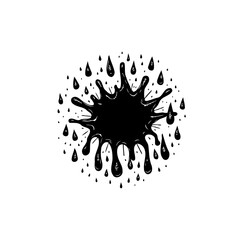 Stylized black ink splatter with droplets and splash effect on white canvas