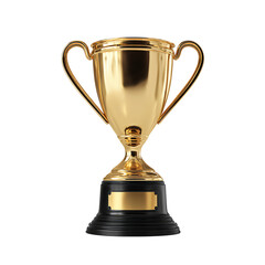 A shiny gold trophy cup with two handles and a black base featuring a blank nameplate
