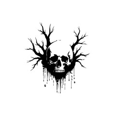 Skull illustration with branches, gothic design for Halloween themed artwork