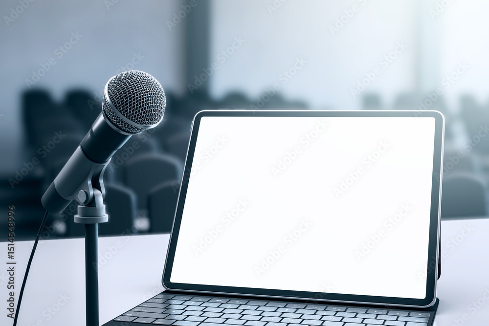 Poster blank laptop screen with microphone on table in seminar room with blurred audience background for ed