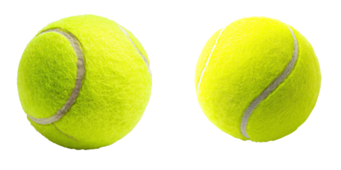 Two bright yellow tennis balls with prominent white curved seams