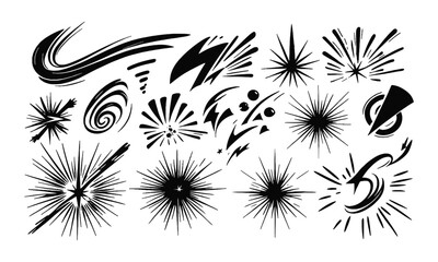 cartoon expression elements, variety of black dynamic lines, accent marks, motion streaks, impact bursts, swirl lines, spark symbols, easily editable.