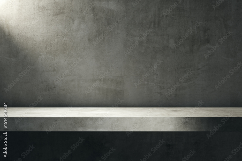 Aufkleber Empty concrete shelf with spotlight on textured grey wall background for product presentation or branding mockup template front view. 3D Rendering