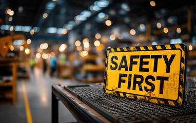 Yellow safety first sign on metal surface in industrial warehouse with blurred workers and machinery in background