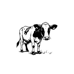 Monochrome vector illustration of a cow standing in a field of grass