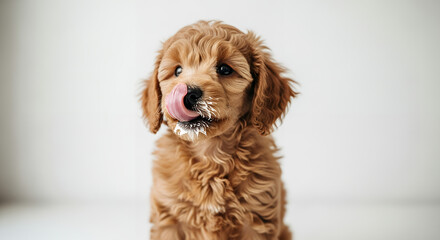 Adorable Poodle puppy licking its lips with a playful expression against a plain background
