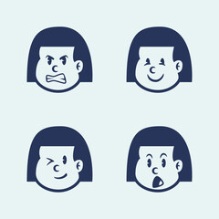 Vector cartoon of a little girl with straight hair showing 4 emotions: happy, cheerful, talking, and sad. Perfect for education, UI emoji packs, or emotional learning content