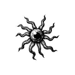 Mystical Sun Illustration: Hand-Drawn Celestial Body with Curving Rays in Black and White