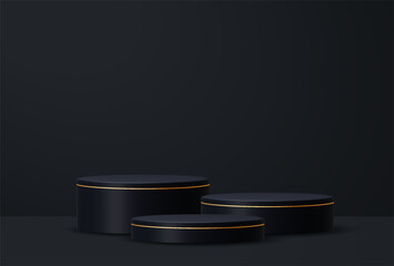 Elegant black 3D podium with gold accent on dark background. Perfect for luxury product display, cosmetics, branding, or promotional visuals.