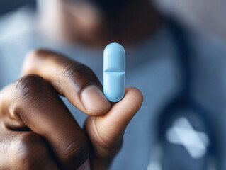 Health professional holds blue capsule in hand during consultation