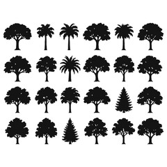 silhouette tree line drawing set, vector illustration