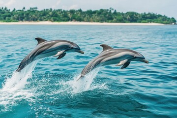 Fototapeta premium Dolphins jumping in the clear waters of Trincomalee, Sri Lanka during a sunny day, Sri Lanka Trincomalee travel destination Dolphins jump out water
