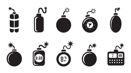 a set of various bomb and time bomb icons in solid black silhouettes against a white background.