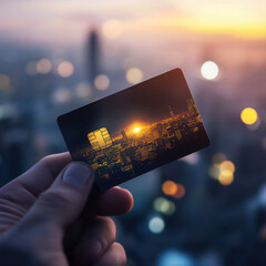 Credit card with cityscape depiction held against blurred background with beautiful lighting