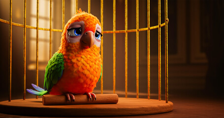 Captive Beauty A Digital Painting of a Sad Sun Conure Parrot in a Gilded Cage, Exquisitely Detailed Feathers and Expressive Eyes