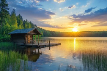 Fototapeta premium Summer sunset at lake cabin surrounded by lush forest reflecting on tranquil waters, Summer sunset at lake cabin near forest Seamless time lapse Photo background