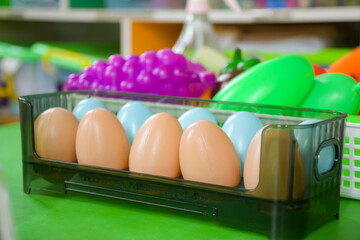 wood toys at pre school classroom. Kindergarten education smart games for children