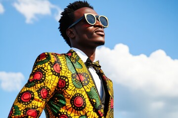 Elegant businessman wearing colorful traditional suit and sunglasses looking up at sky
