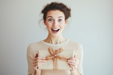 Excited woman receiving a wonderful surprise gift