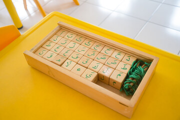 wood toys at pre school classroom. Kindergarten education smart games for children