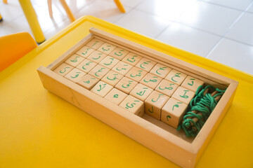 wood toys at pre school classroom. Kindergarten education smart games for children