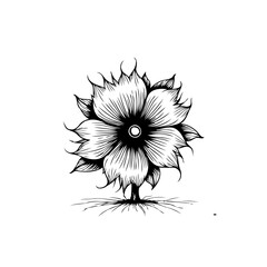 Detailed Black and White Line Art Illustration of a Unique Blooming Flower Design