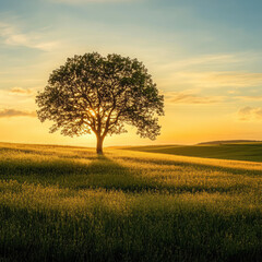 Majestic tree silhouetted by golden sunset in grassy field with hilly landscape