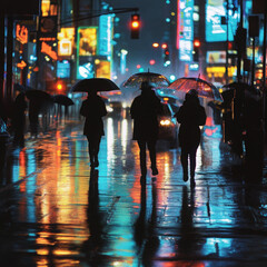 People walking with umbrellas in a vibrant city at night during rain