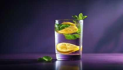 Refreshing citrus infused water with lemon slices and mint on purple background