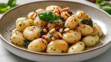 High-resolution 3D rendering of a plate of gnocchi with pesto sauce, topped with pine nuts and fresh basil, isolated on a clean white background 