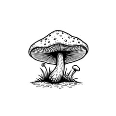 Detailed Mushroom Illustration: Artistic Depiction of Fungi in Black and White Style