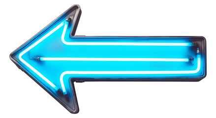 Curved neon blue arrow with glowing edges, isolated on transparency background, modern and vibrant sign