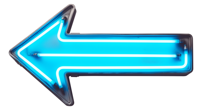 Curved neon blue arrow with glowing edges, isolated on transparency background, modern and vibrant sign