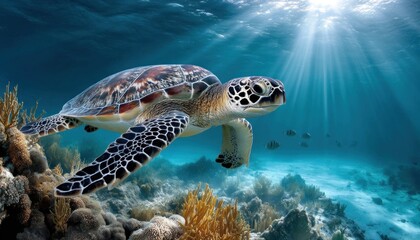 Fototapeta premium Sea turtle swimming over a tropical coral reef